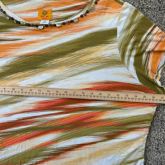 Beaded Casual Stripes Gathered Side Multicolor Pink Orange White Top Size Large - Picture 5 of 6
